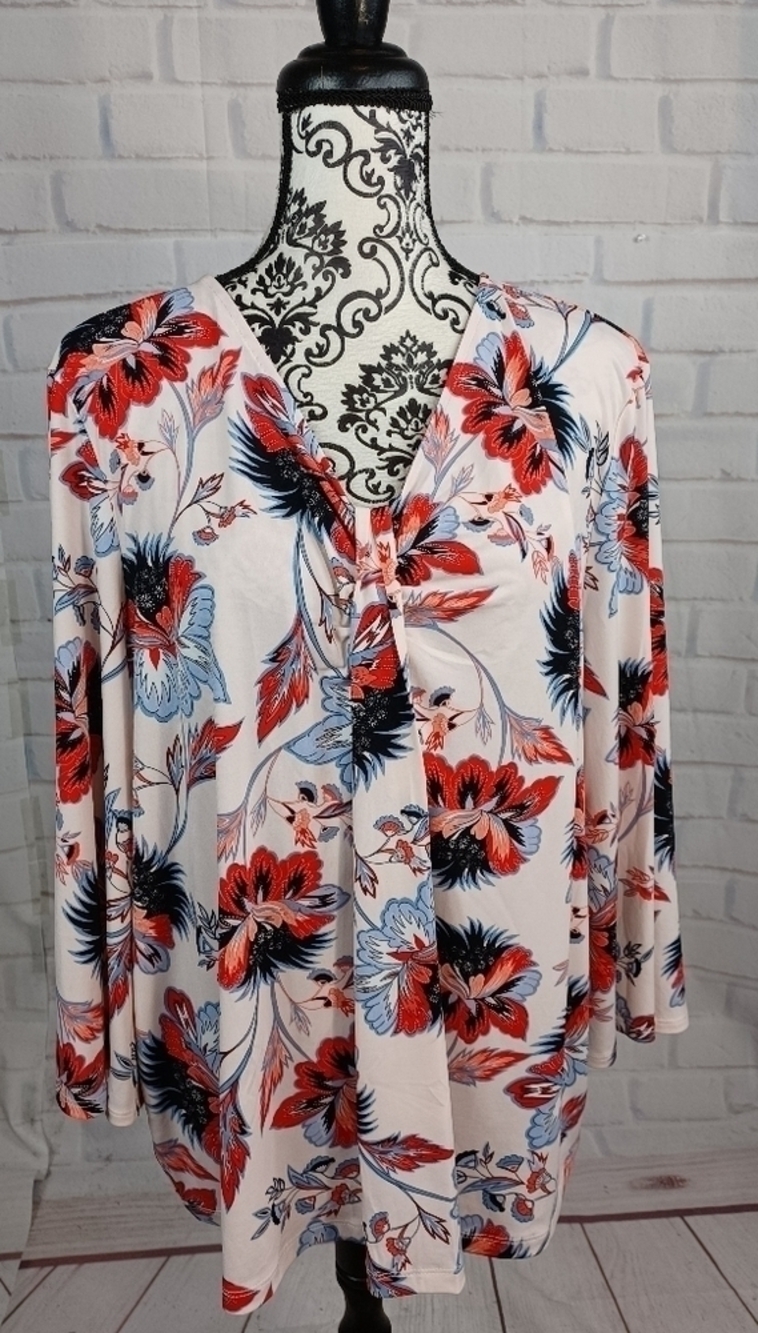 Liz Claiborne women's long bell sleeve stretch knit floral print top sz xxl b11